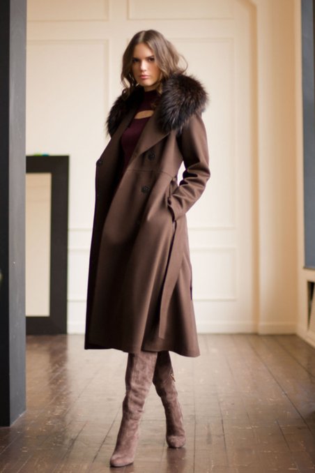 Двубортное зимнее пальто с длинными лацканами, темно-коричневого цвета