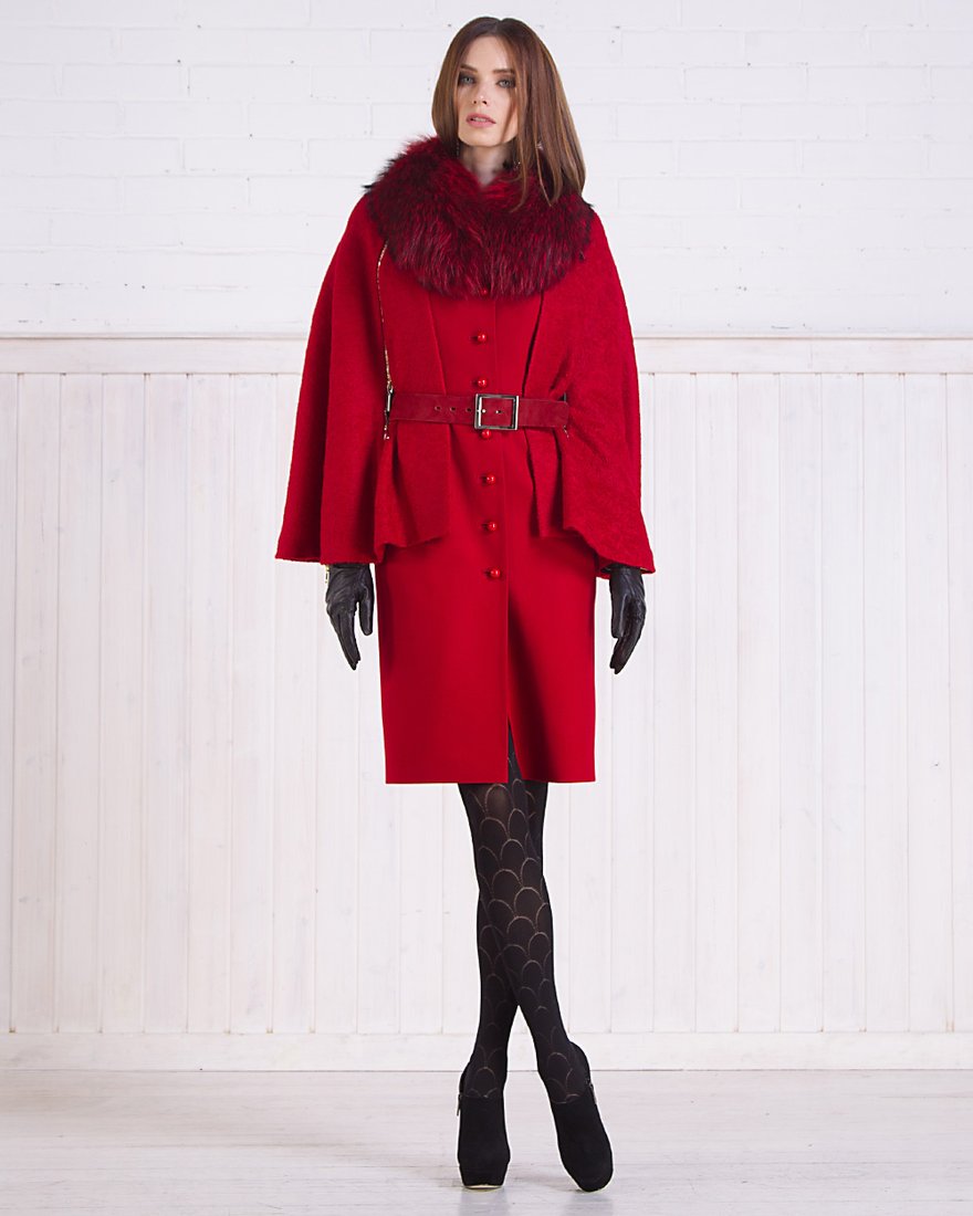 Зимнее пальто из шерсти со съемной накидкой, красное www.EkaterinaSmolina.ru