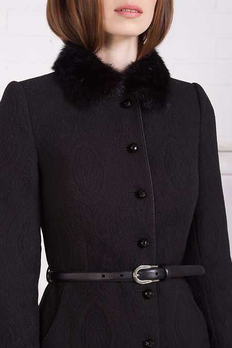 Пальто с норковым воротником из жаккарда, черное