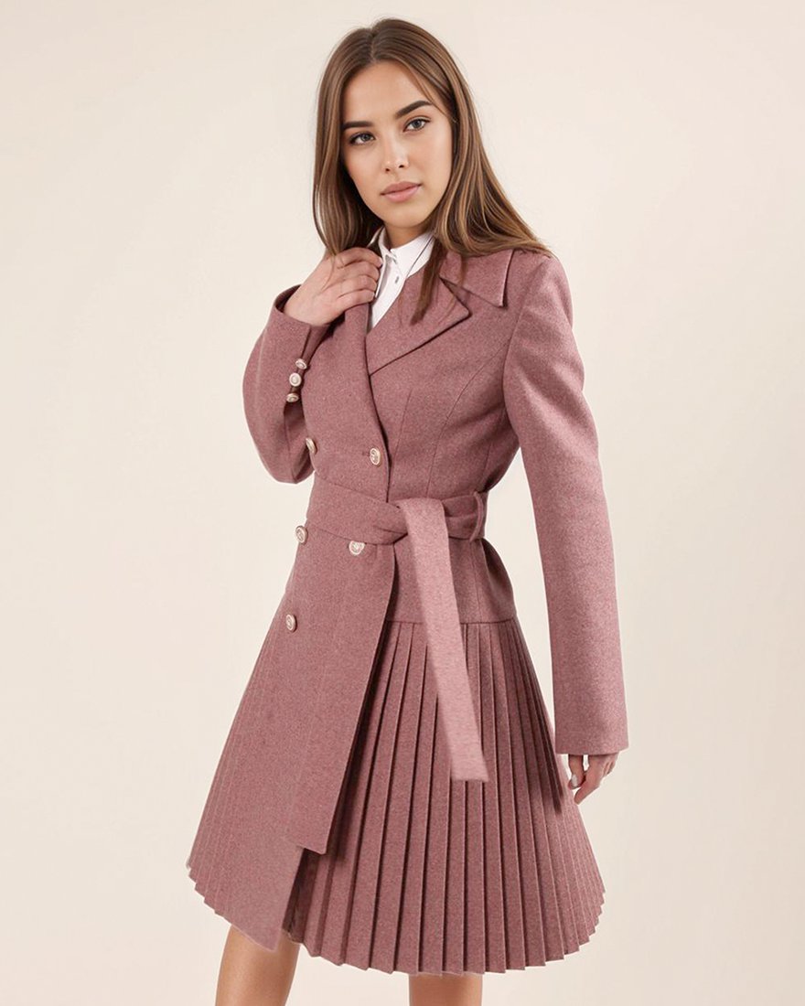 Пальто с заниженной юбкой плиссе, розовое www.EkaterinaSmolina.ru
