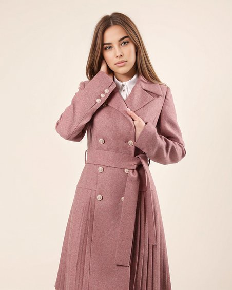 Пальто с заниженной юбкой плиссе, розовое