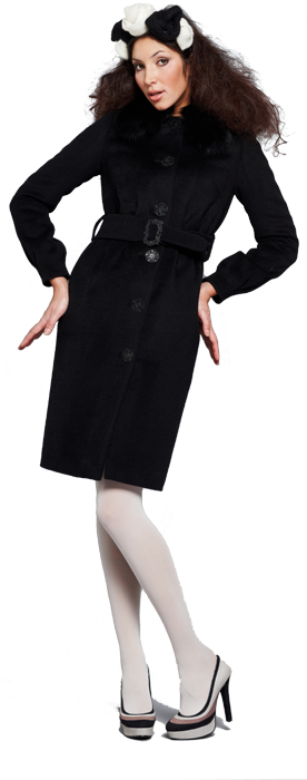 Пальто с защипами на талии из ворсовой ткани, с меховым воротником, черное.