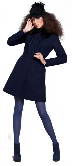 Пальто-платье с плиссе на кокетке, с меховым воротником, синее. www.EkaterinaSmolina.ru