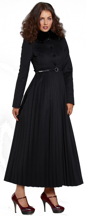 Пальто длины maxi с плиссированной юбкой черное