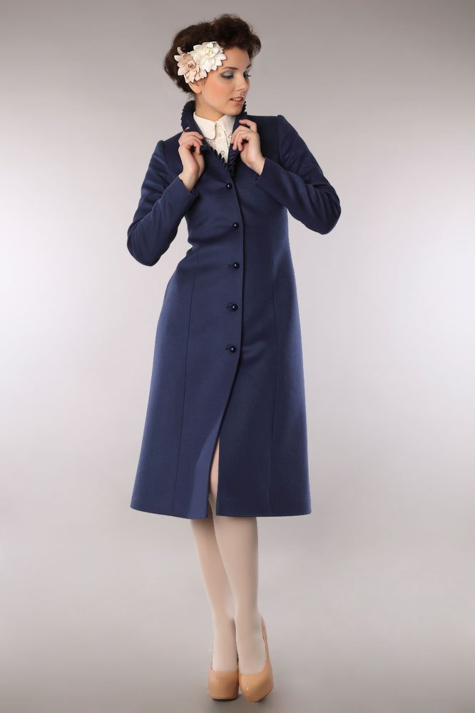 Пальто maxi-лайн с плиссе на воротнике, синего цвета www.EkaterinaSmolina.ru