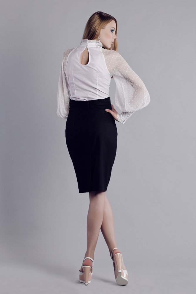 Блуза с американской проймой и пышным шифоновым рукавом, белого цвета  www.EkaterinaSmolina.ru