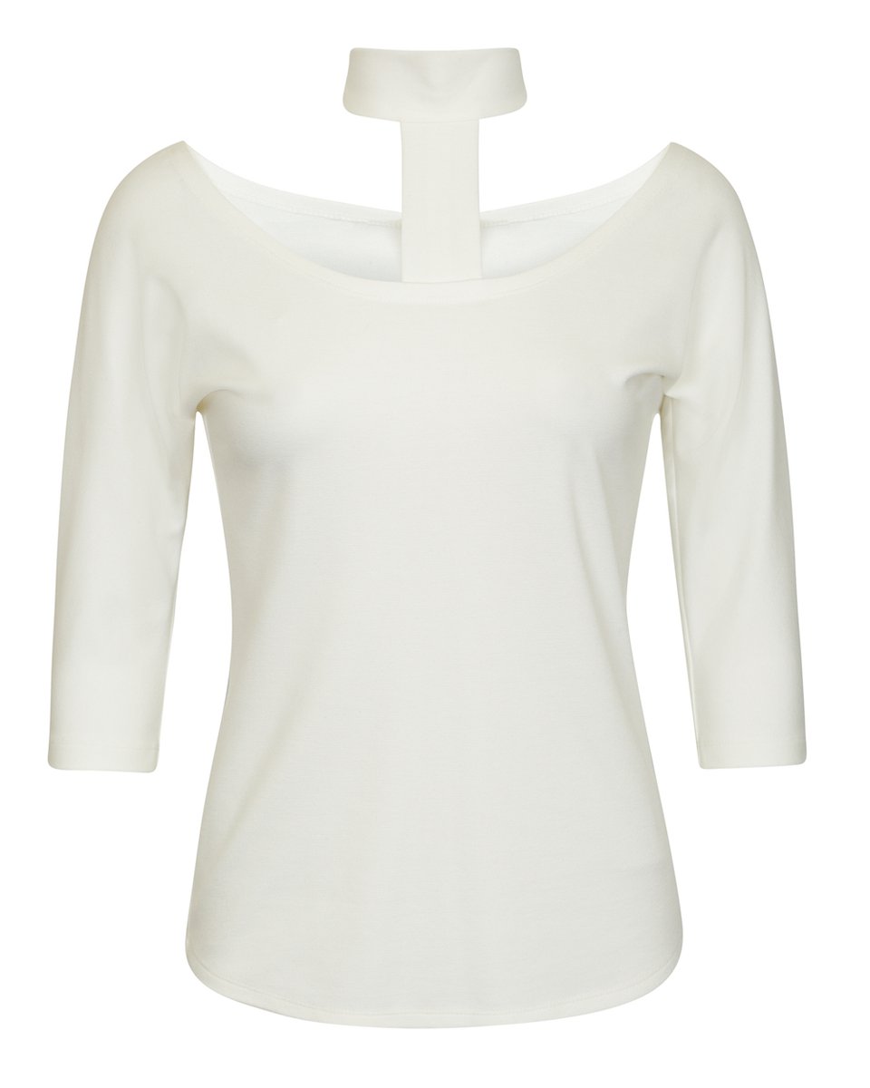 Блуза трикотажная с т-образным воротником-стойкой, белого цвета