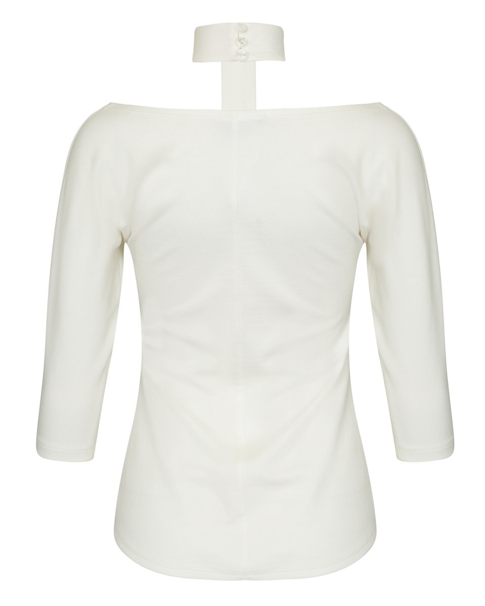 Блуза трикотажная с т-образным воротником-стойкой, белого цвета