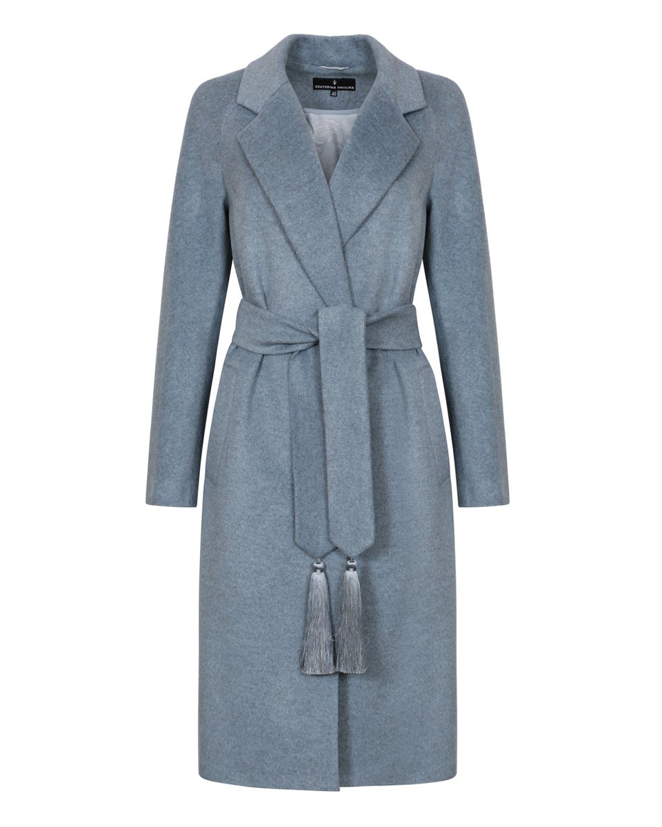 Пальто серо-голубого цвета с декоративной складкой на спине