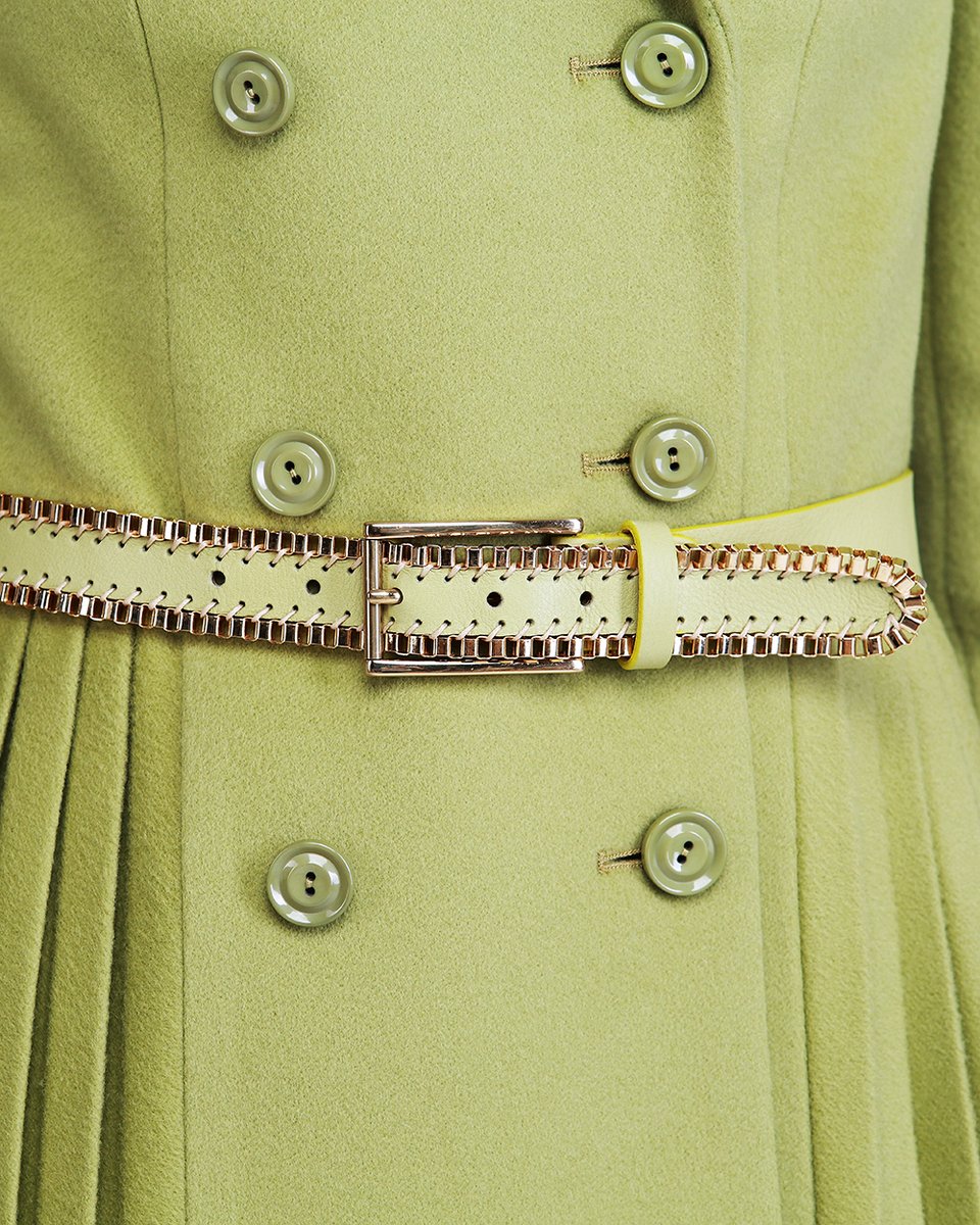Пальто двубортное с плиссированной юбкой, зеленое
