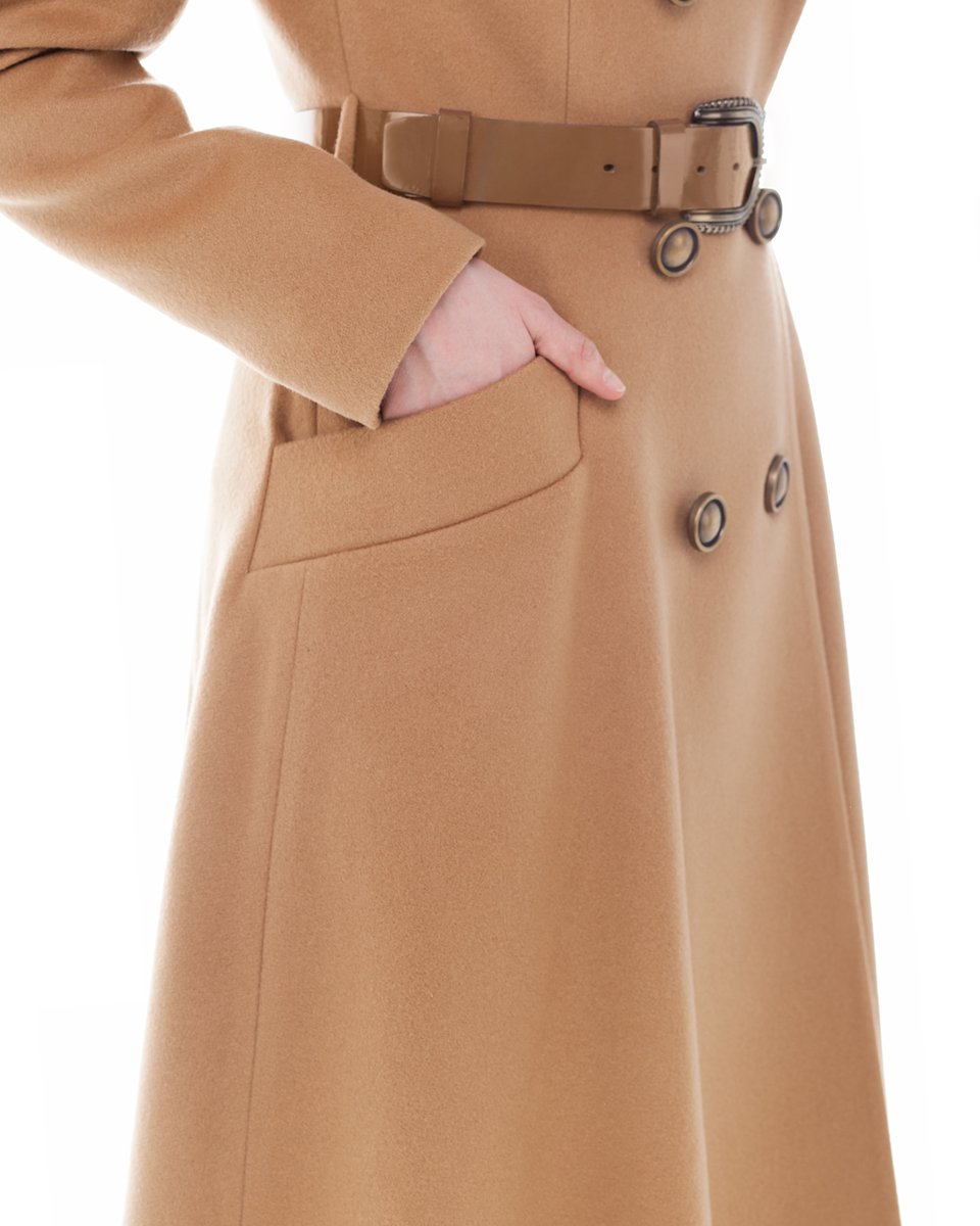 Пальто-двубортное с юбкой солнце, бежевого цвета