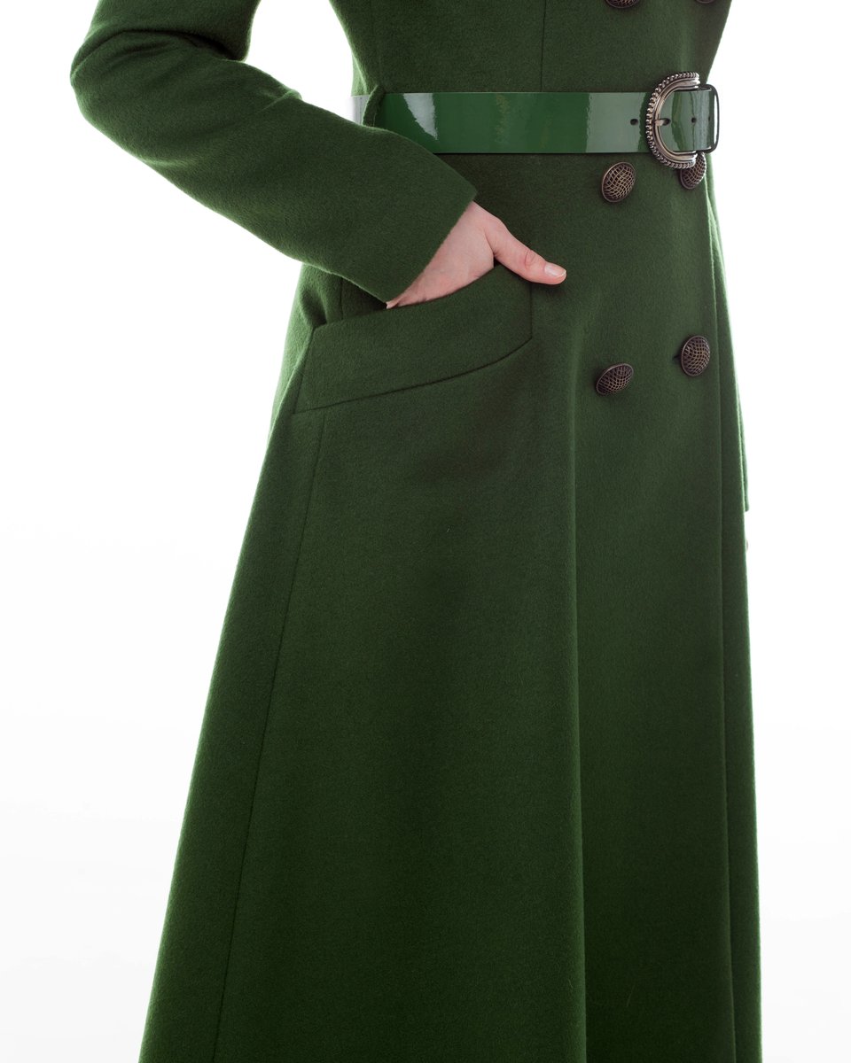 Пальто-двубортное с юбкой солнце, зеленого цвета