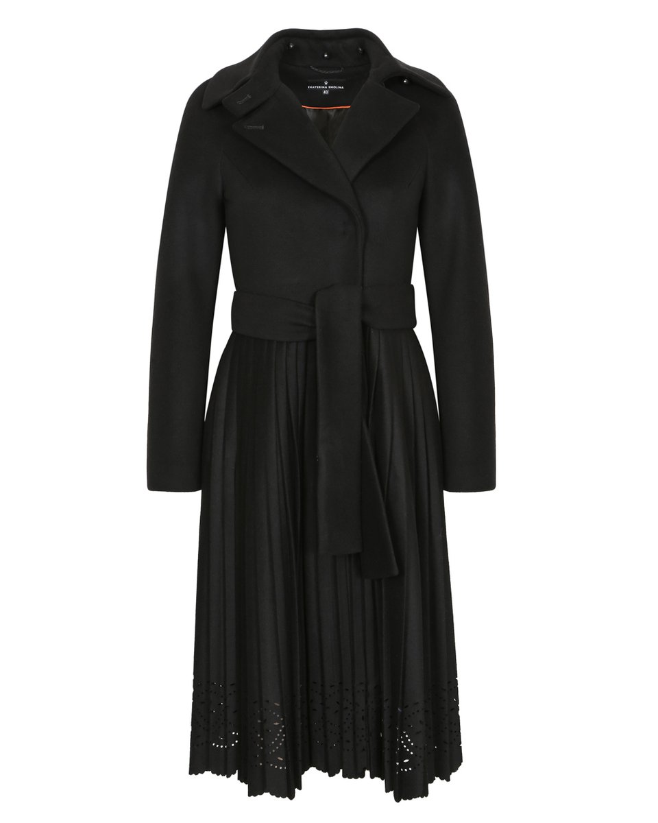 Зимнее пальто с ажурной юбкой плиссе, черного цвета