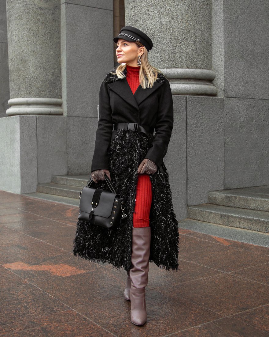 Зимнее пальто с юбкой из фактурной ткани с длинным ворсом www.EkaterinaSmolina.ru
