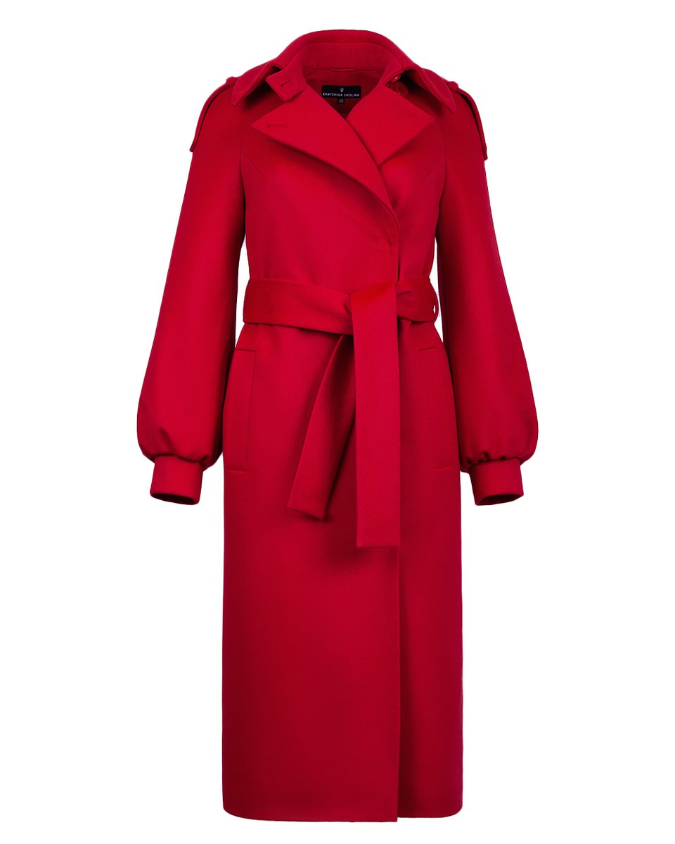 Зимнее пальто красного цвета с пышными рукавами