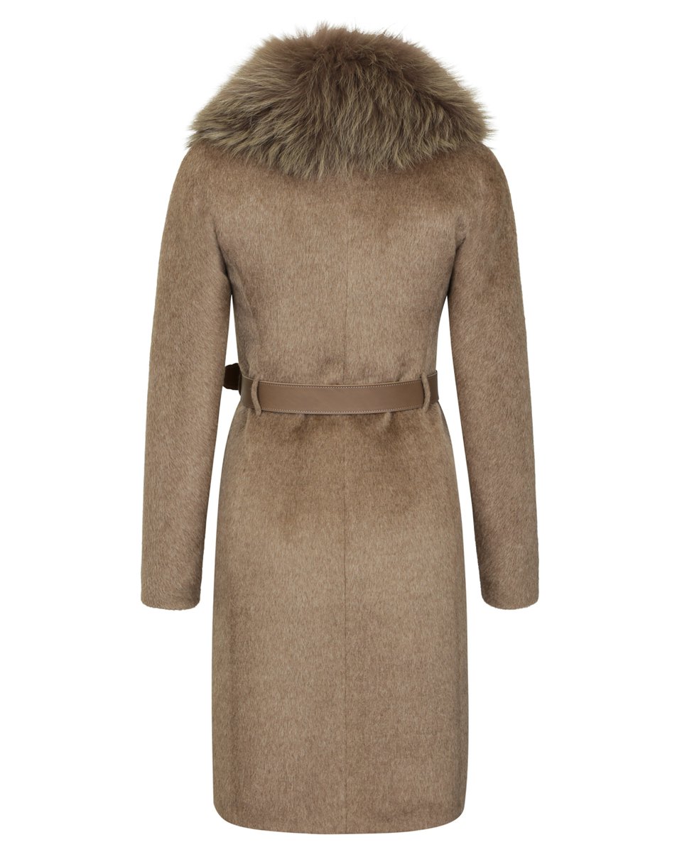 Зимнее пальто приталенного силуэта с кожаным ремнем, бежевого цвета