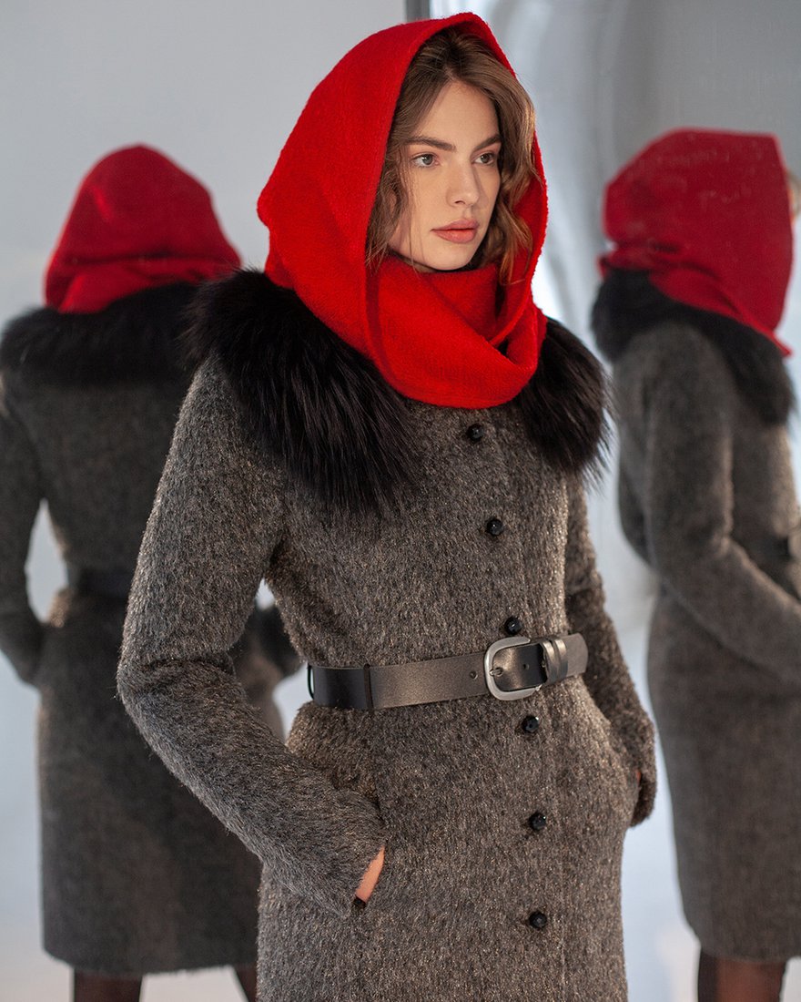 Зимнее пальто серого цвета с кожаным ремнем www.EkaterinaSmolina.ru
