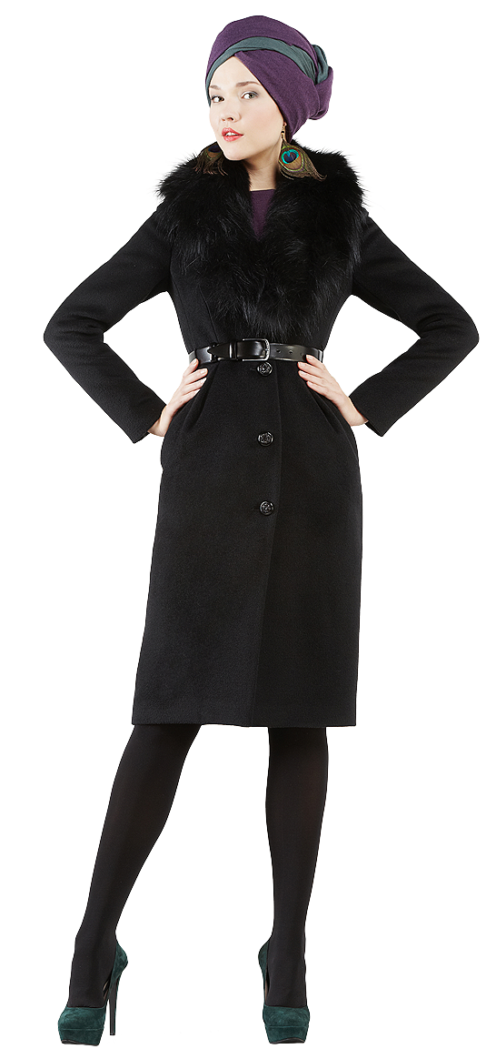 Пальто с меховым воротником-шалью, черного цвета.