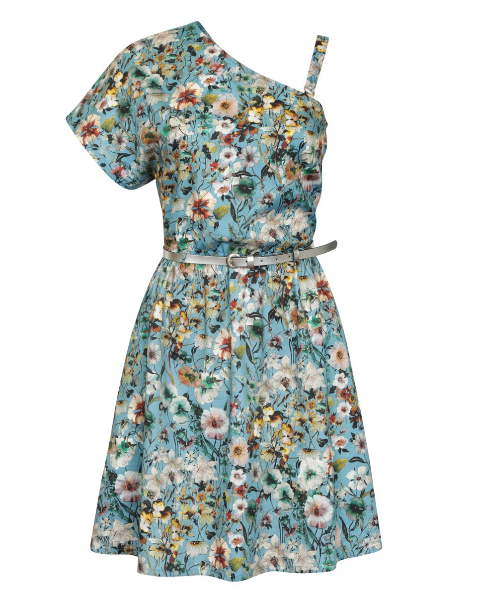 Платье асимметричного кроя с открытым плечом голубого цвета с цветочным рисунком