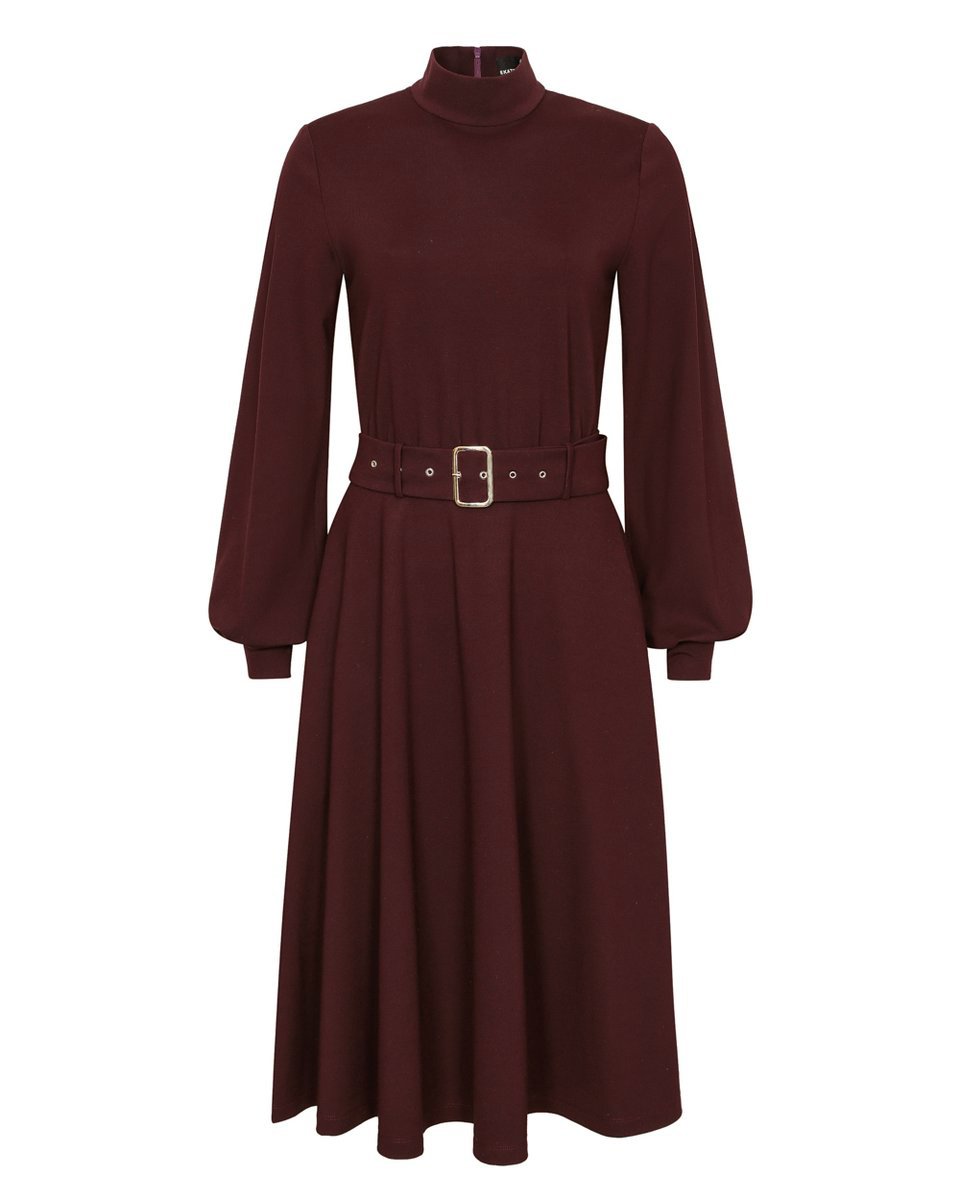 Платье бордового цвета с воротником-стойкой и юбкой-полусолнце