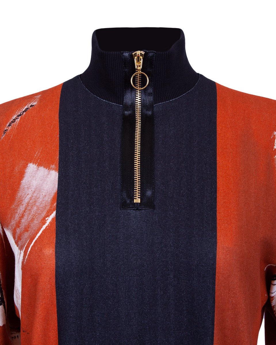 Платье-кимоно терракотового цвета из комбинированной ткани