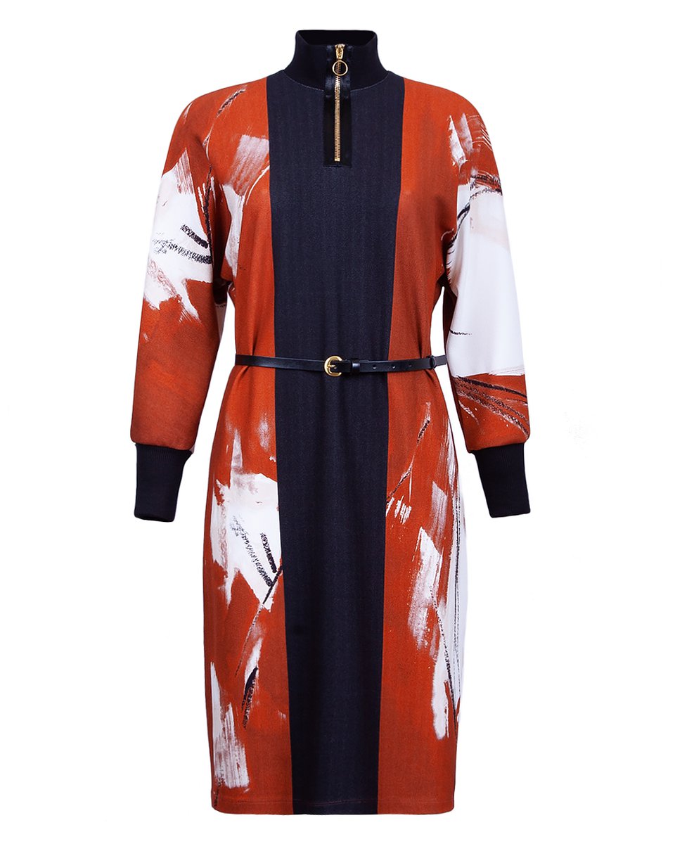 Платье-кимоно терракотового цвета из комбинированной ткани