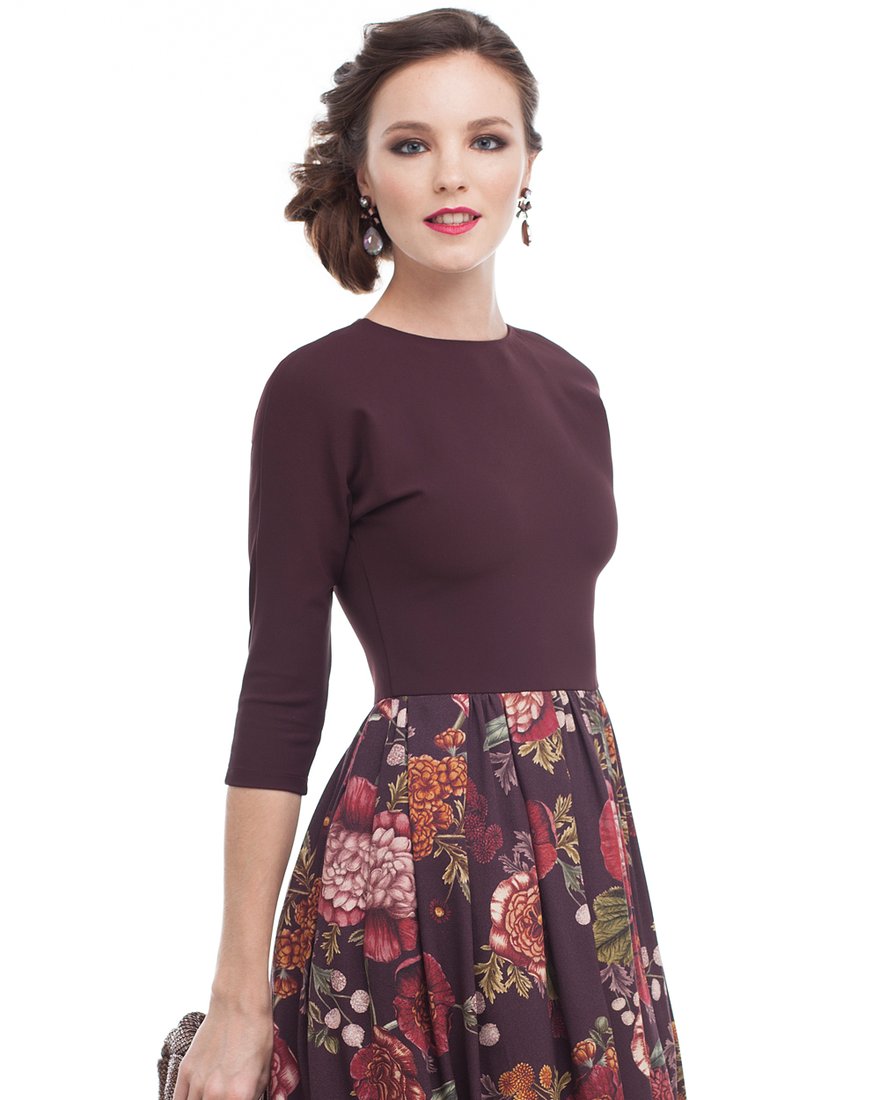 Платье комбинированное с юбкой длины миди и цветочным принтом www.EkaterinaSmolina.ru