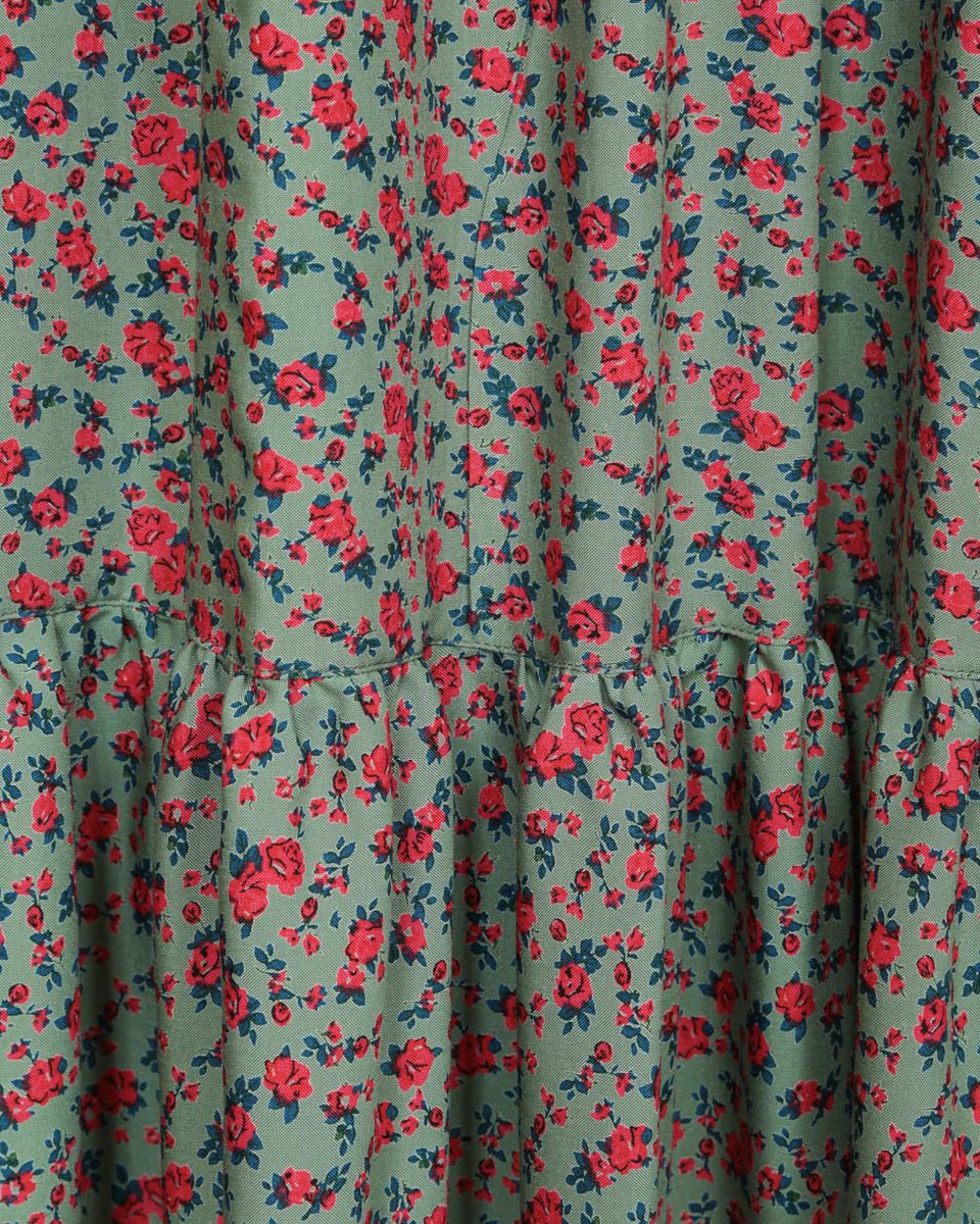Платье макси оливкового цвета с воланом, принт "Цветы"