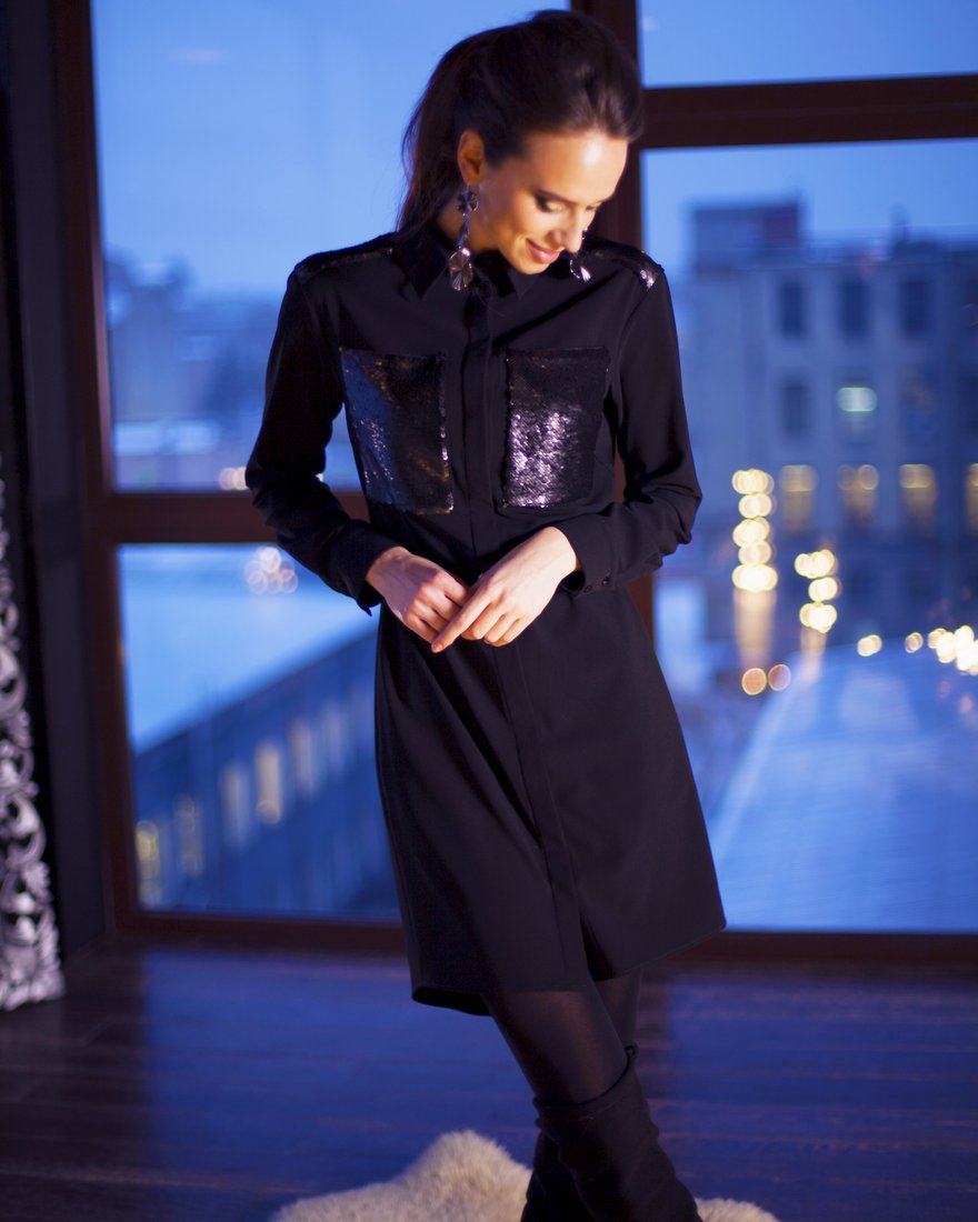 Платье-рубашка черного цвета со вставками из пайеток www.EkaterinaSmolina.ru