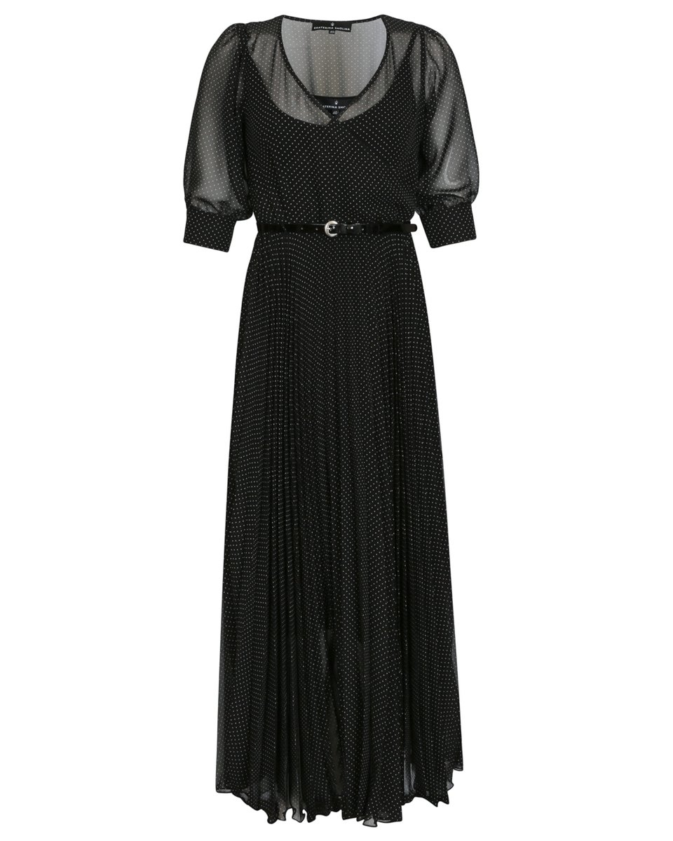 Платье с юбкой-гофре черного цвета в горошек из шифона