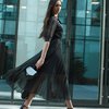 Платье с юбкой-гофре черного цвета в горошек из шифона