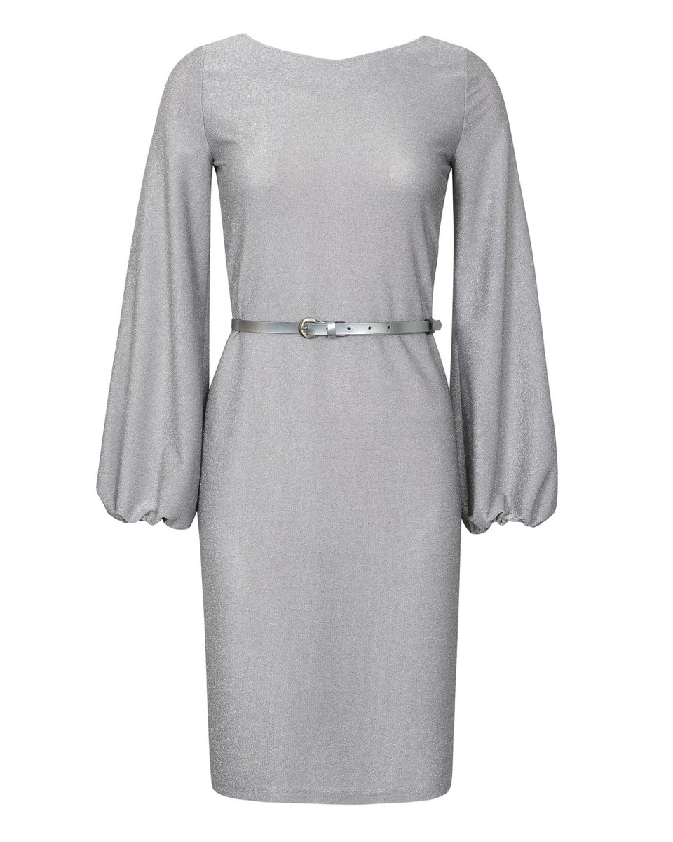 Платье серебристого цвета с пышными рукавами