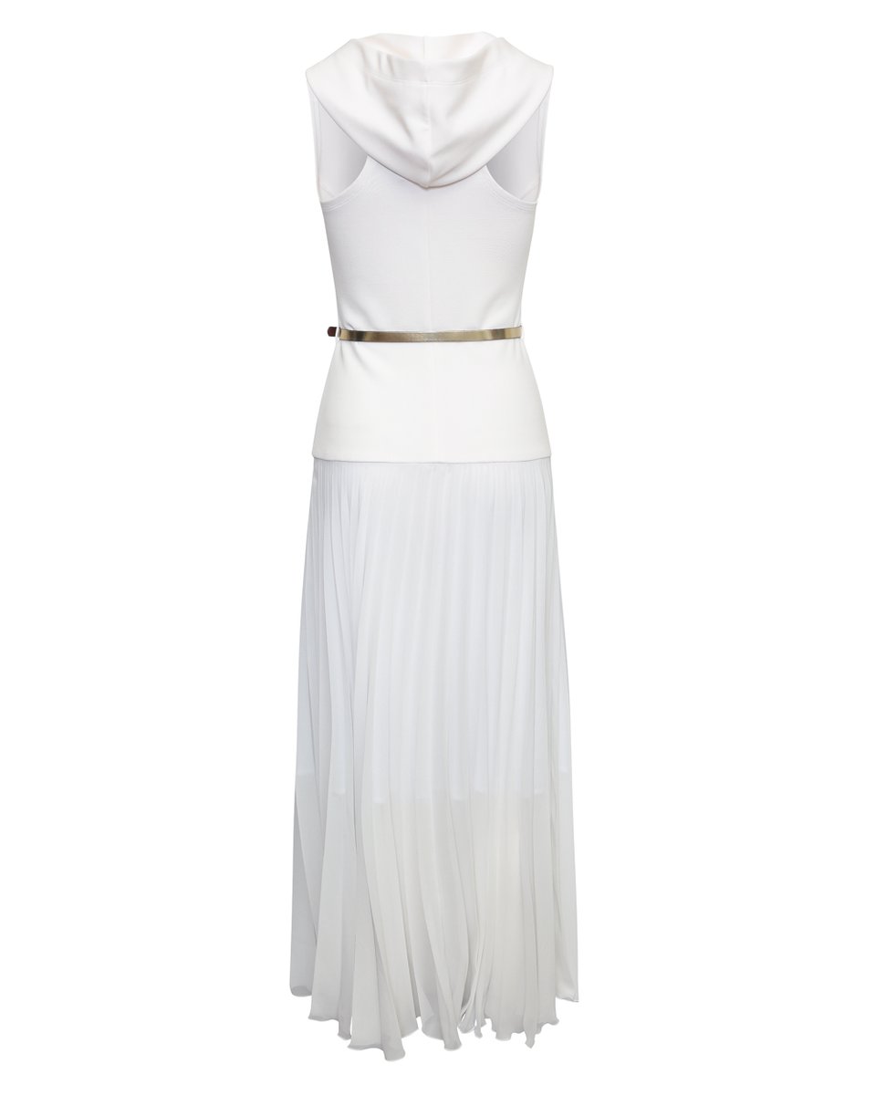 Платье макси с капюшоном и юбкой-гофре белого цвета