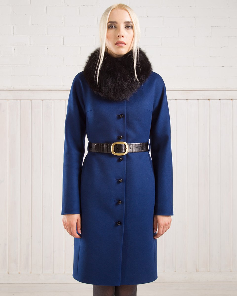 Зимнее пальто из шерсти, с цельнокроеным рукавом, синее