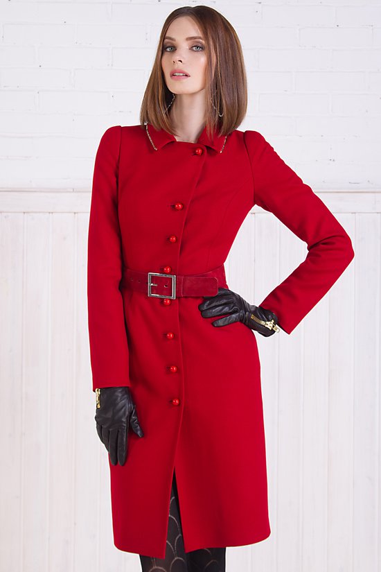 Зимнее пальто из шерсти со съемной накидкой, красное
