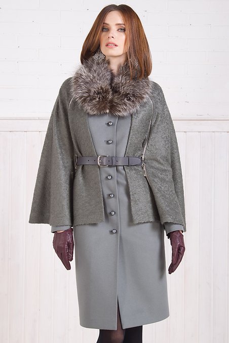 Зимнее пальто из шерсти со съемной накидкой, серое.