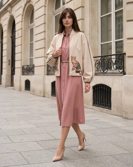 Бомбер с контрастными кантами и вышивкой "Кошки" на карманах