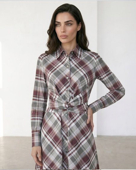 Платье-рубашка в клетку с поясом-лентами