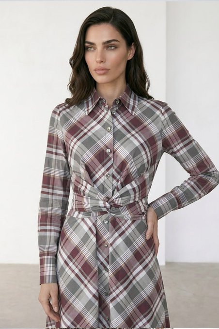 Платье-рубашка в клетку с поясом-лентами