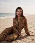 Комплект из рубашки, топа и брюк в принт “Листья”, цвет карамельный