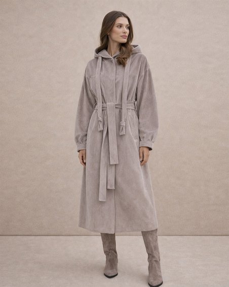 Пальто из бархата с капюшоном, цвет «Серый жемчуг»