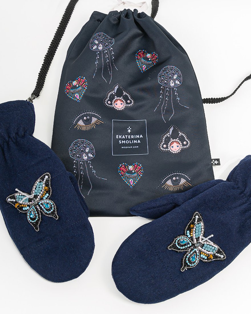 Варежки с декором «Бабочки» темно синие www.EkaterinaSmolina.ru