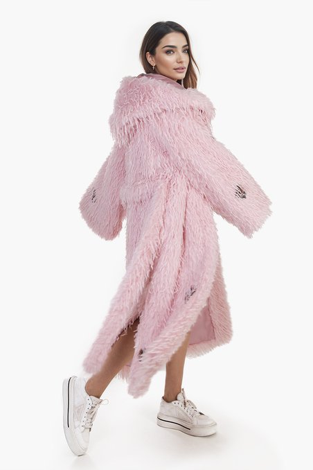 Бохо шуба из эко-меха с аппликациями, цвета пудровой розы