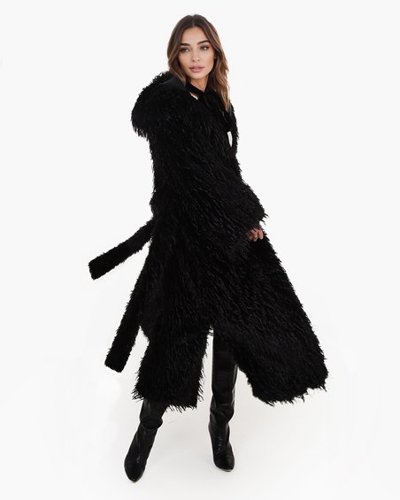 Бохо шуба из эко-меха с капюшоном, черная