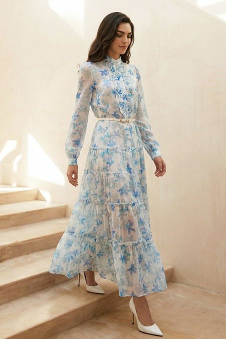 Платье из органзы голубое с воланами