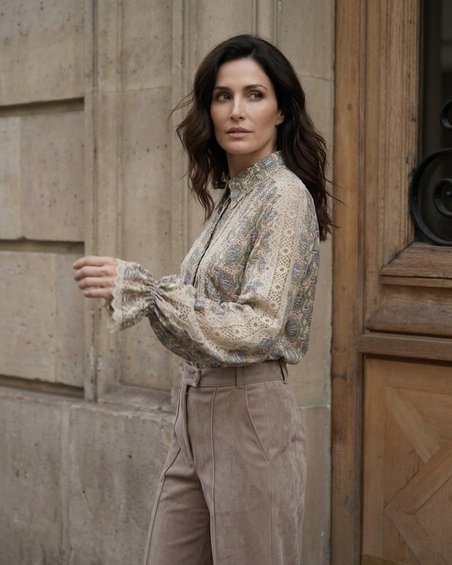 Блуза с кружевными вставками в принт «Кораблики», цвет мятно-оливковый