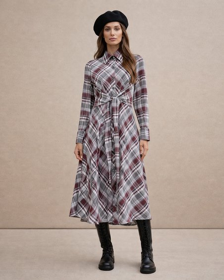 Платье-рубашка в клетку с поясом-лентами