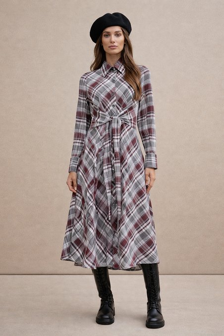 Платье-рубашка в клетку с поясом-лентами