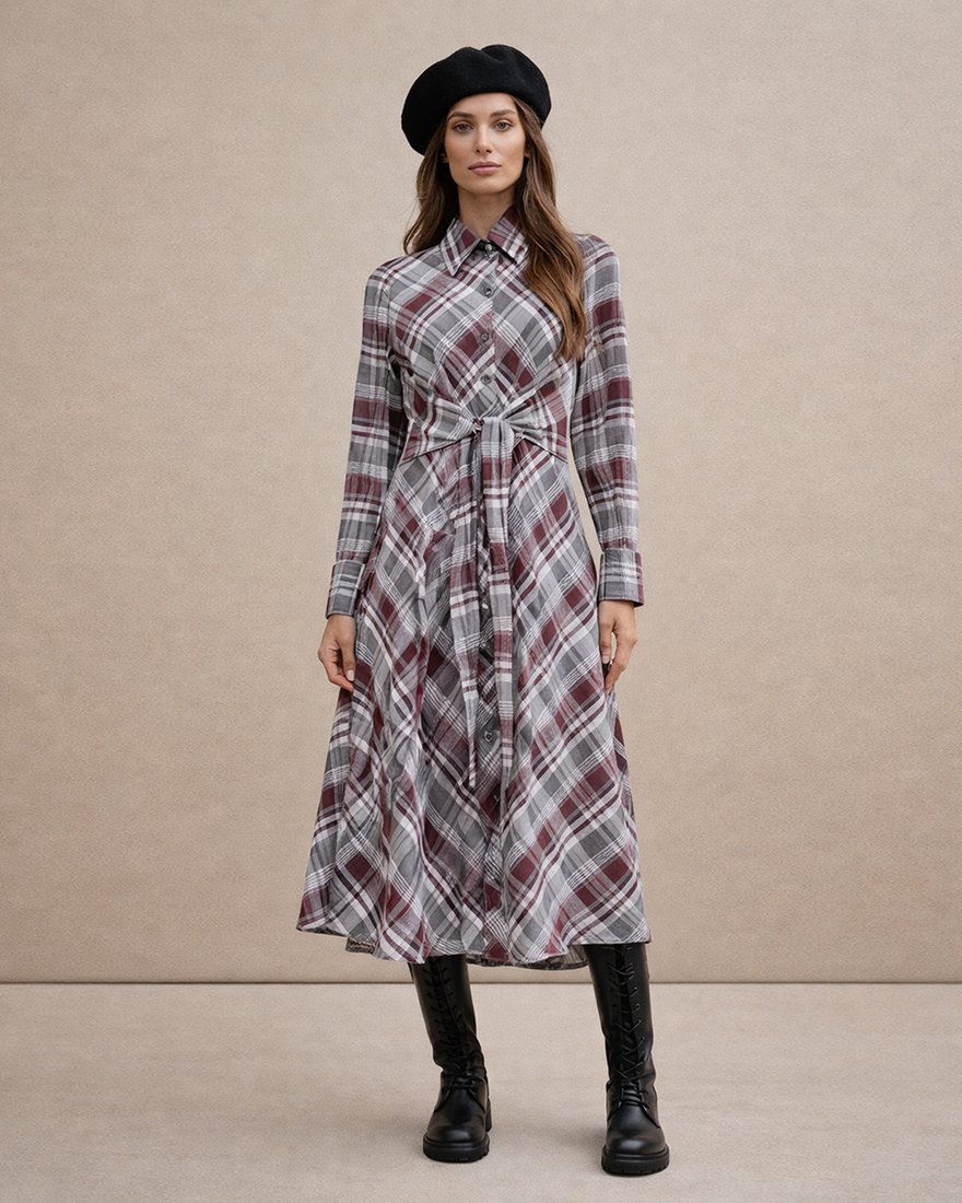 Платье-рубашка в клетку с поясом-лентами www.EkaterinaSmolina.ru