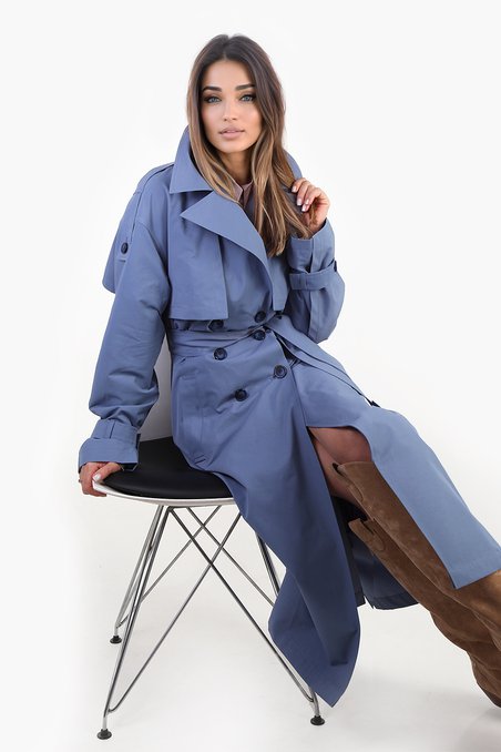 Двубортный тренч с отлетной кокеткой, цвета индиго